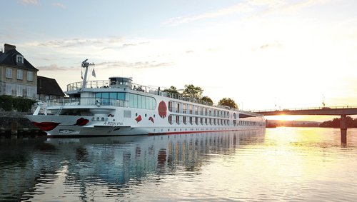River cruise ship A-ROSA VIVA on the shore at sunset with a bridge in the background.