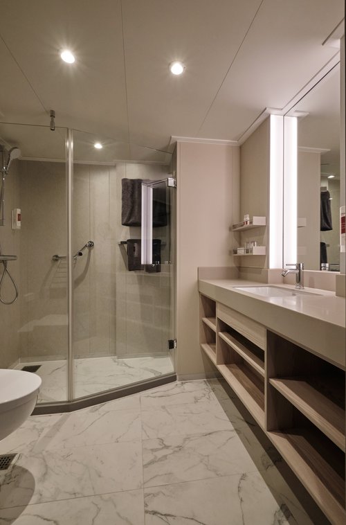 Reception area of the SPA-ROSA with decorative shelves, marble counter, and glass display case with products next to a staircase.