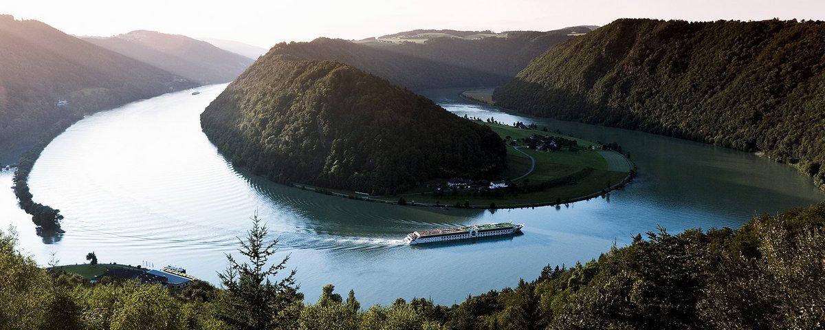 A river cruise ship from the A-ROSA fleet on the Danube along the Schlögener Schlinge. Panoramic view with a look at the adjacent hilly landscape at sunrise.